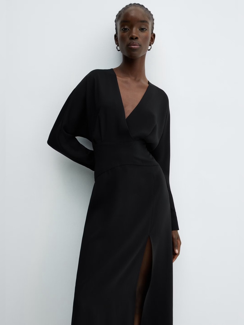 Mango Black cross-neckline slit dress NWT